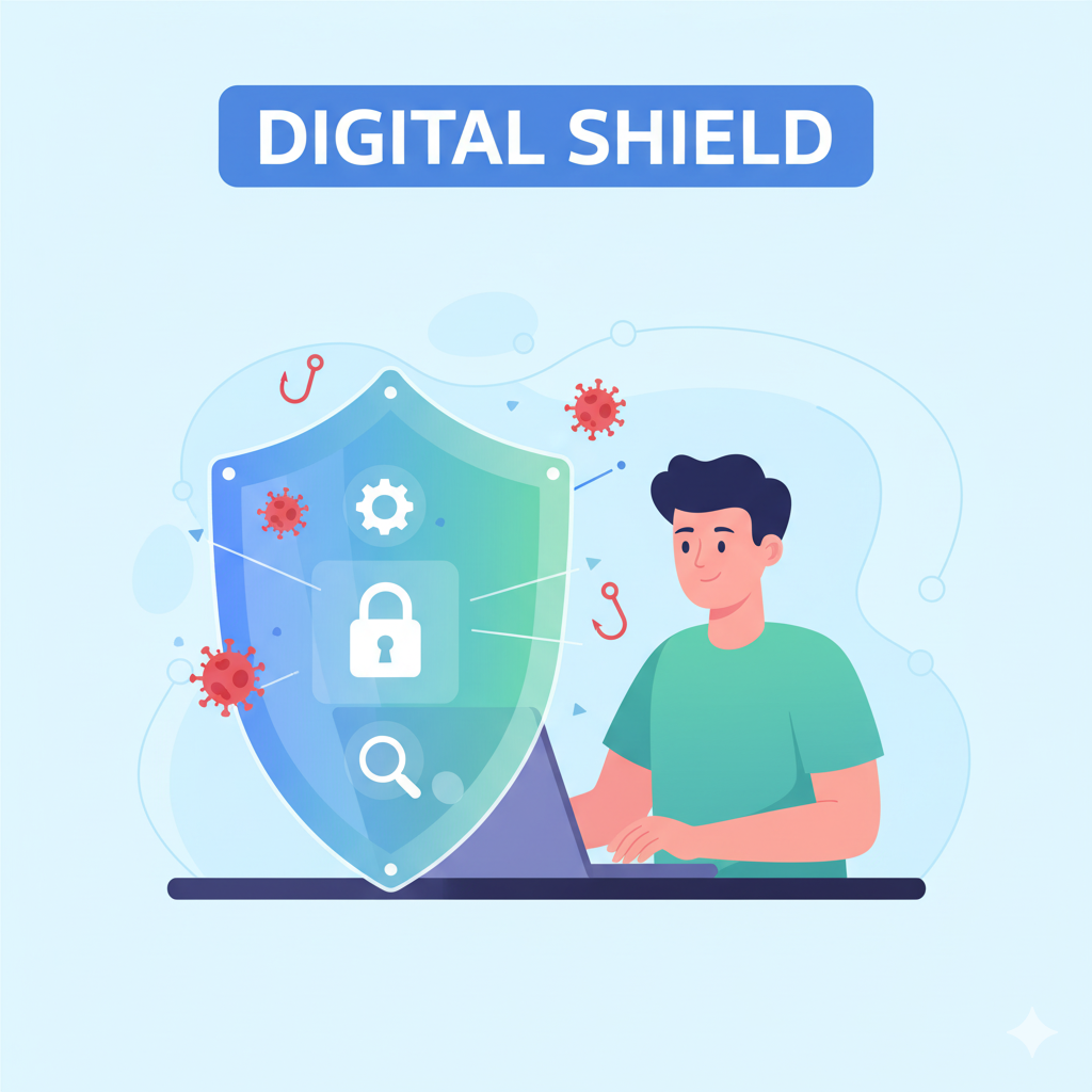 Digital safety concept - shield protecting person on computer