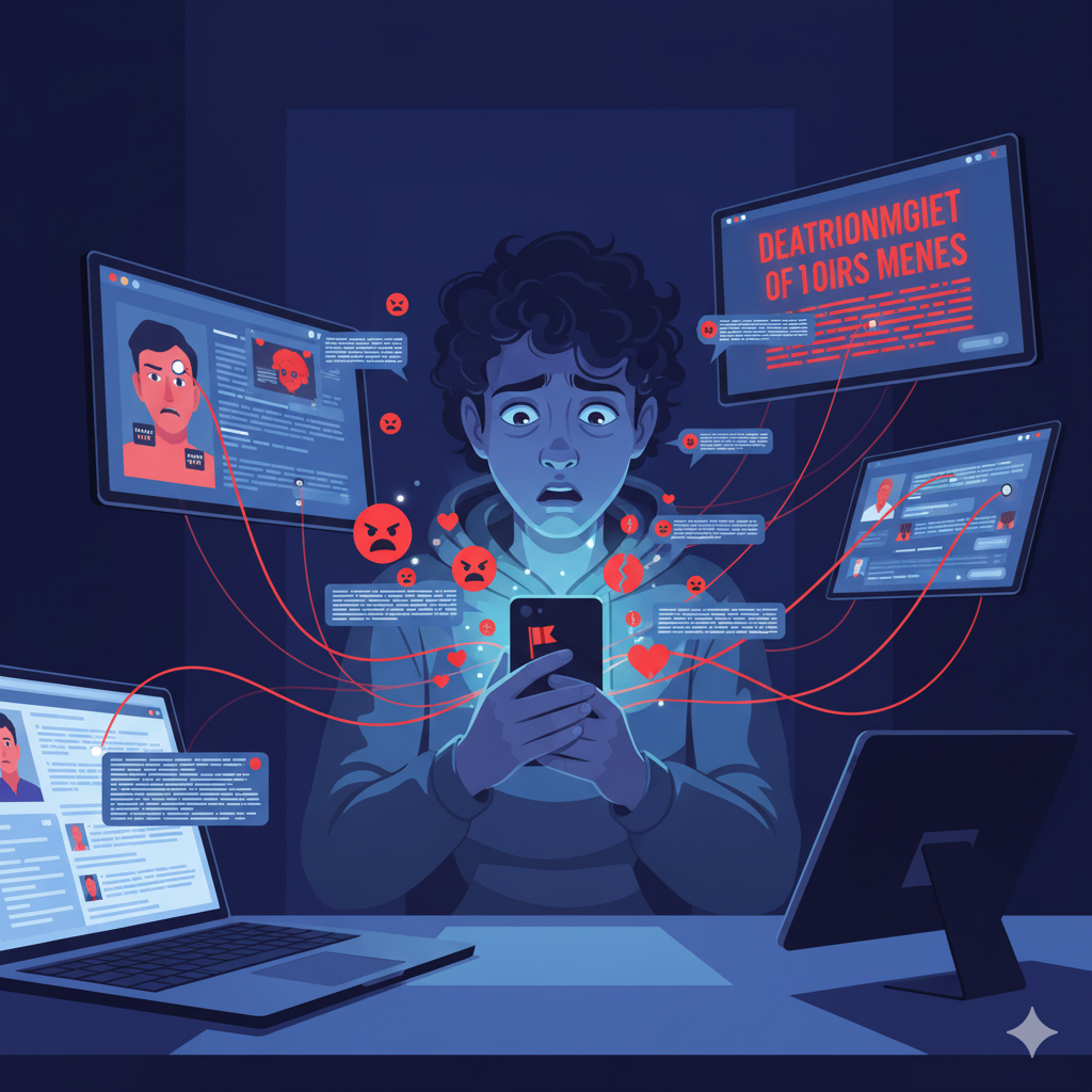 Illustration of digital harassment across various devices