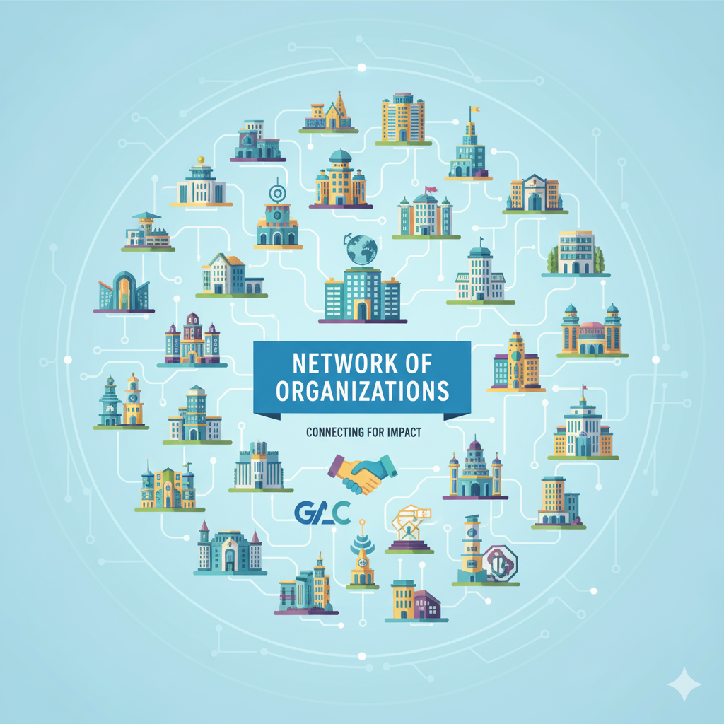 Network of organizations - connected buildings and logos concept