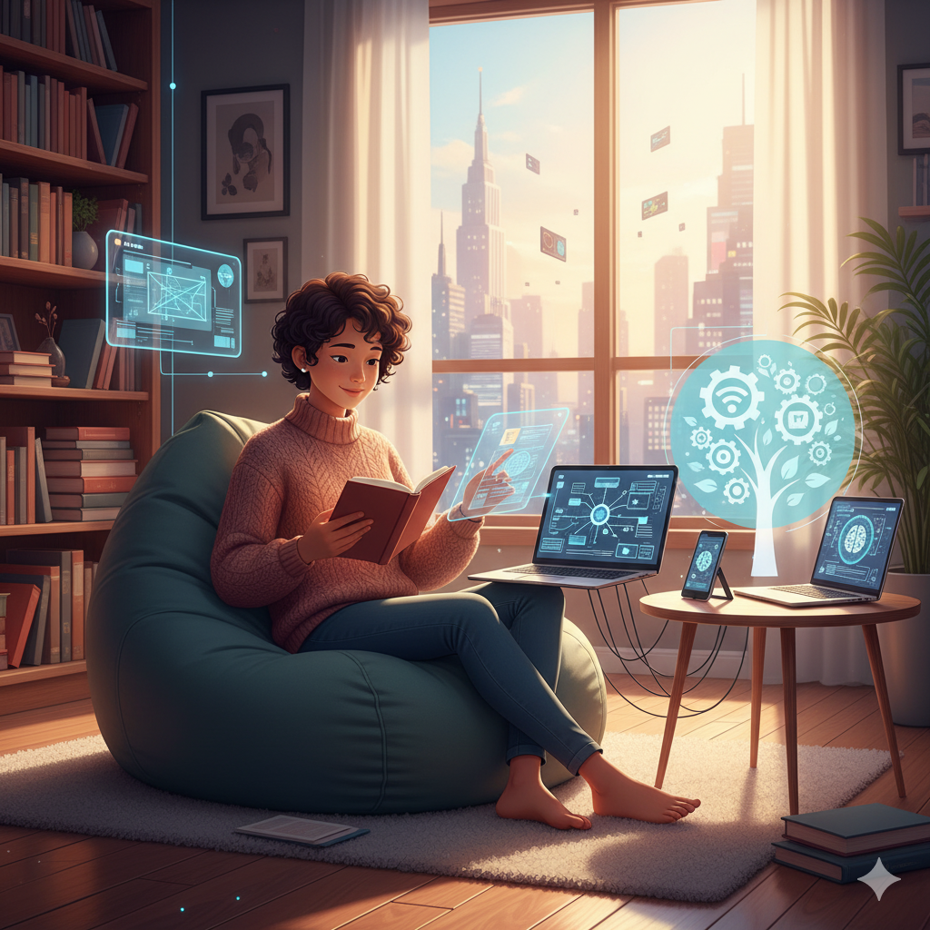 Person reading with digital devices - educational theme