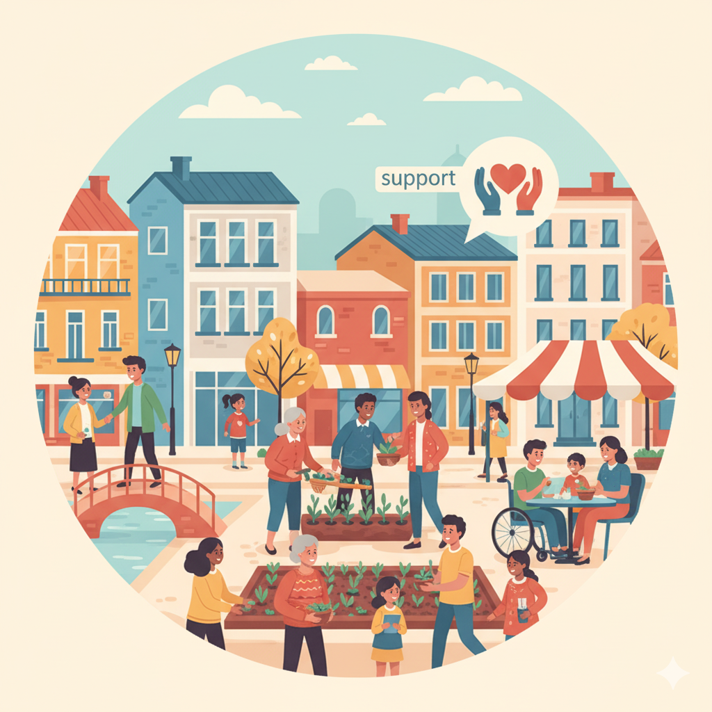 Supportive community illustration - diverse people supporting each other